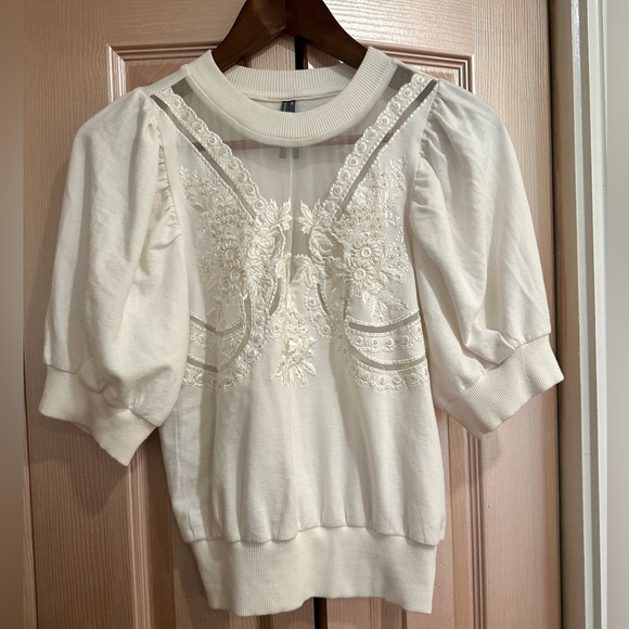 NWOT. By Anthropologie Puff-Sleeve Embellished Elbow-Sleeve Sweatshirt cream - Picture 5 of 8